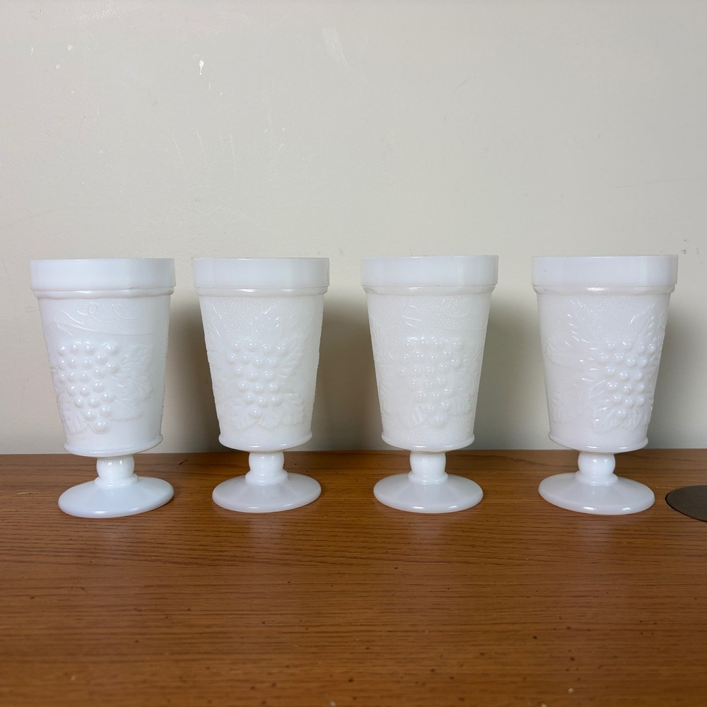 Vintage Westmoreland Milk Glass Paneled Grape Footed Goblets Set of 4 White MCM